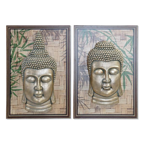 Pintura DKD Home Decor Madeira Fibra Oriental Buda (2 pcs)